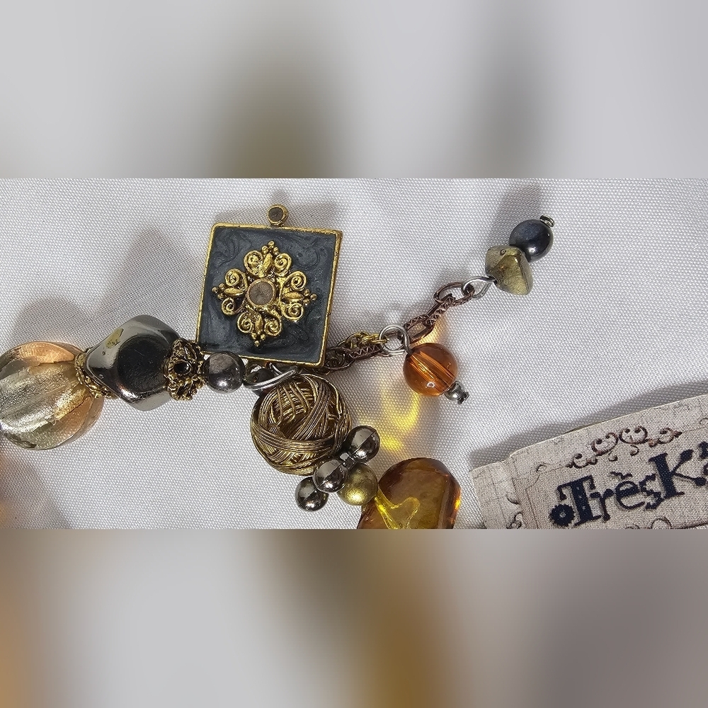 Vintage Treska Beaded Charm Stretch Bracelet -Mixed Metals & Amber Accents Boho - Picture 5 of 7